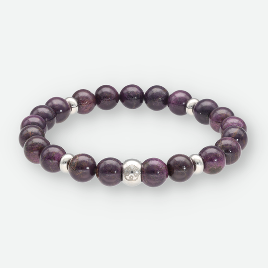 Kraftquelle Armband Purpurit – dunkelviolette Heilstein-Kugelperlen mit Edelstahl-Energiespirale