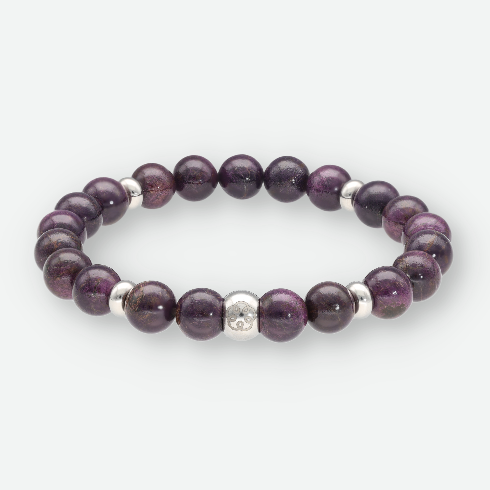 Kraftquelle Armband Purpurit – dunkelviolette Heilstein-Kugelperlen mit Edelstahl-Energiespirale