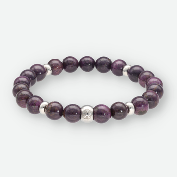 Kraftquelle Armband Purpurit – dunkelviolette Heilstein-Kugelperlen mit Edelstahl-Energiespirale