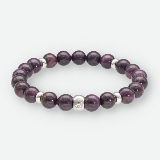 Kraftquelle Armband Purpurit – dunkelviolette Heilstein-Kugelperlen mit Edelstahl-Energiespirale
